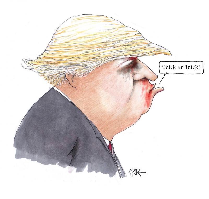 Donald Trump as a Halloween ghoul, saying "Trick or trick!"