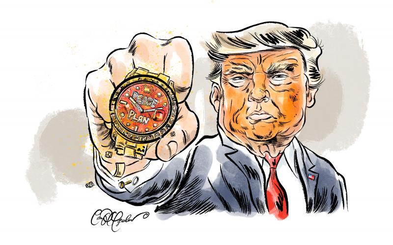 Trump holding a cheap chinese knockoff watch marked "Peace Plan"