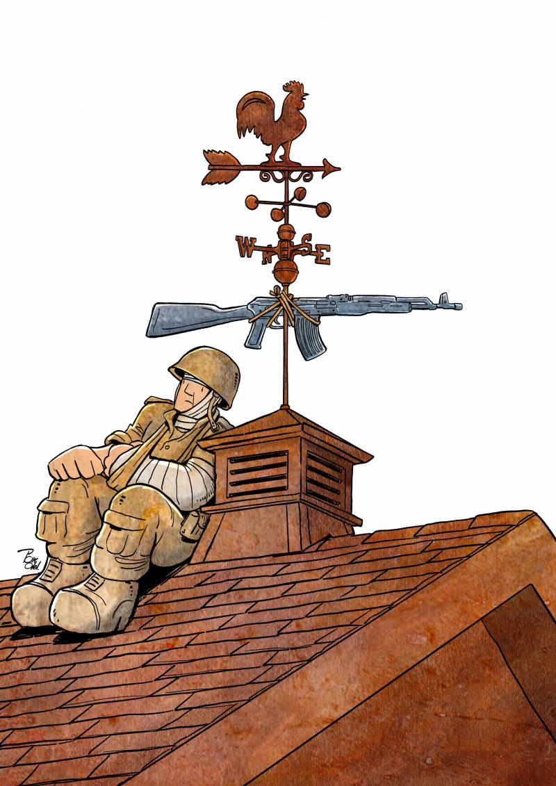 ​A wounded soldier rests in the shadow of a rooftop chimney, his body bandaged from the toll of battle. Above him, his rifle is mounted as a weather vane, its barrel forced to turn and point wherever the shifting winds of political power dictate.