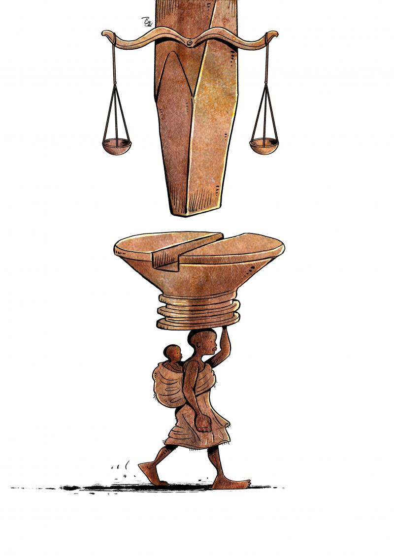 ​A mother and child walk a long path, carrying the heavy head of a screw, as a giant screwdriver with the scales of justice descends to begin its infinite turn.