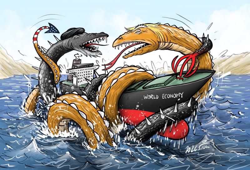 Two sea monsters in shape of Trump and Khamenei fighting each other in the strait of hormuz, with an oil tanker caught in between.