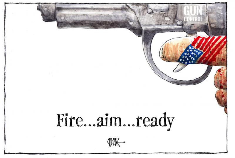 Finger tatooed with a US flag pulling on the trigger of a pistol, labelled 'Gun Control'