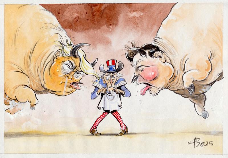 Cartoon showing Trump and Musk as giant bulls going head to head with a small Uncle Sam caught in the middle.