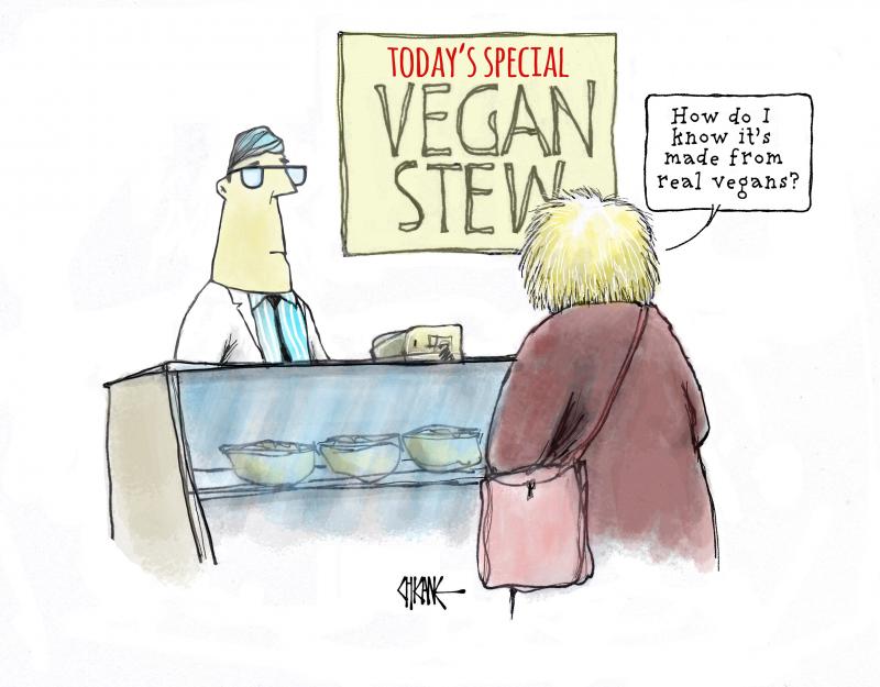 A woman at a counter for 'Today's Special Vegan Stew', enquiring,"How do I know it's made from real vegans."