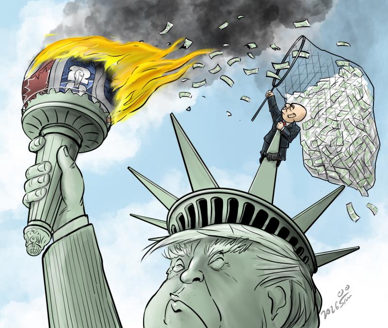 Donald Trump as Statue of Liberty burning a giant Football, Gianni Infantino catching the profitable Ashes.