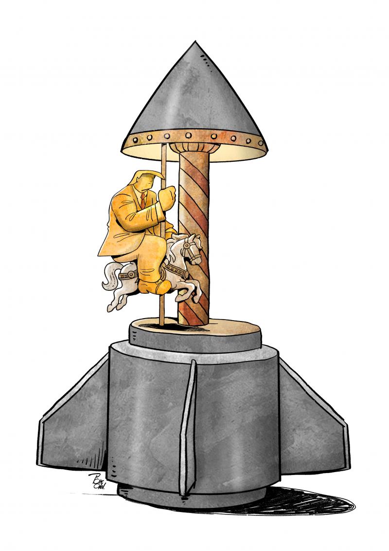 A political leader rides a colorful carousel mounted on a missile, symbolizing the transformation of war and destruction into a dangerous game of power.
