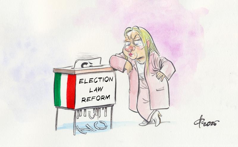 Giorgia Meloni leans casually against a ballot box, looking sternly at the ground. One side of the ballot box is painted green, white, and red. The words "Electoral law refrom" are written on the front. A sheet of paper rattles through the slot on the top of the box. Strips of paper fall from the bottom. A few of the white strips spell out the word "No."