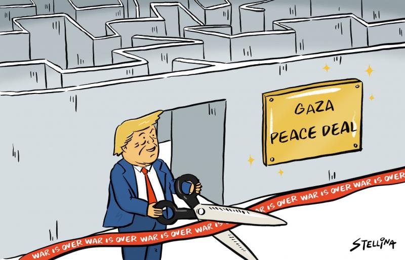 Cartoon showing Donald Trump festively cutting a red ribbon that reads 'war is over' with a large pair of scissors. Behind him, a golden plaque that says 'Gaza peace deal' is mounted next to the entrance of a large labyrinth.