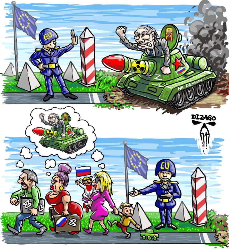 Putin threatens Europe from a tank, Europe signals him to stop — then lets in people carrying the same threat in their heads. (Dizago)