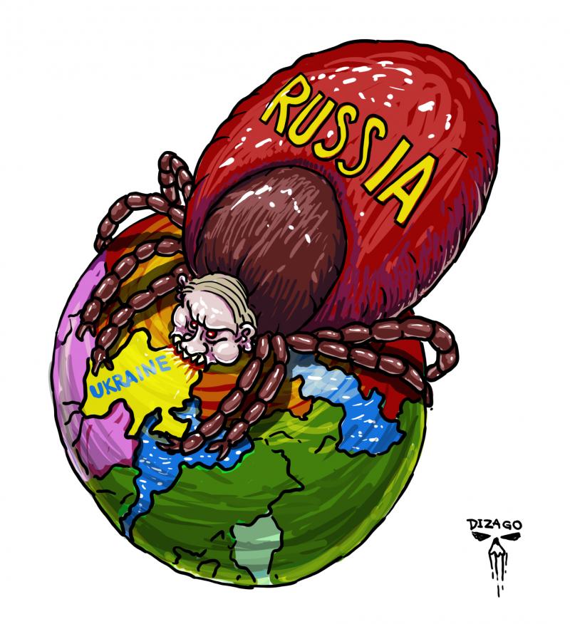 A giant tick with Vladimir Putin’s head, bloated with blood, has latched onto Ukraine on the map of the Earth. Russia looks on passively, symbolizing complicity in the destruction.
