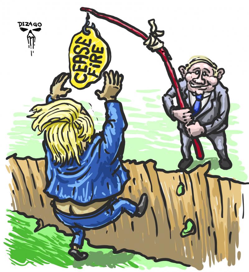 Political satire showing Trump endlessly chasing Putin’s dangling “ceasefire” bait, oblivious to the trap ahead. Dizago art