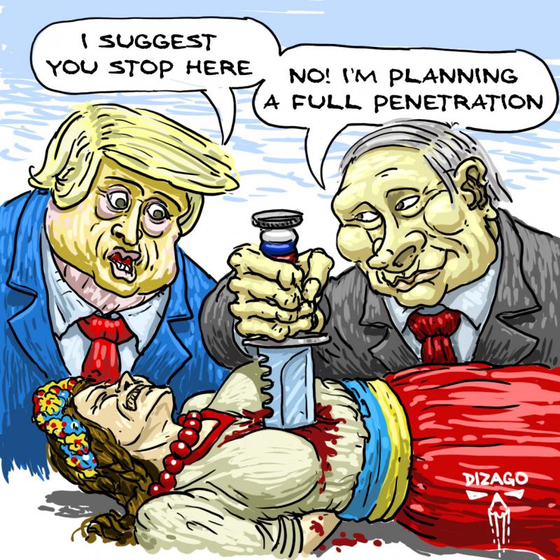 Trump and Putin stand over a woman symbolizing Ukraine. Putin has stabbed her with a knife. Cartoon by Dezago.