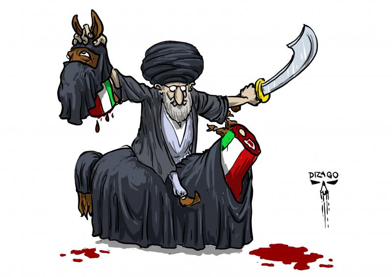 Ayatollah Hamanei sits on a decapitated horse, symbolizing Iran. The horse's head is in his hand, and the horse is wearing a khijab that obscures the flag's colors.
