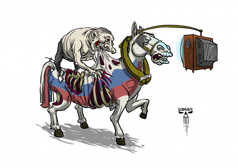 Putin sits on a horse, symbolizing Russia, and bites off chunks of its flesh so that its ribs are visible. The horse watches propaganda on TV and gets angry at the news.