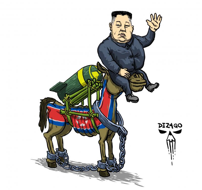 Kim Jong-un sits with his backside on the head of a horse, symbolizing North Korea. The horse is emaciated to the point of exhaustion, and on its back is a nuclear weapon attached to bamboo poles. Thick chains are wrapped around its neck and legs, symbolizing isolation and forced confinement.