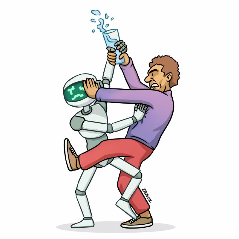 Cartoon by Zez Vaz depicting a robot and a human fighting for a glass of water.
