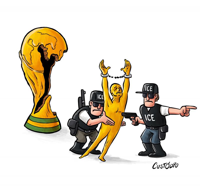 The image depicts the FIFA World Cup trophy with a missing section: one of the human figures that normally supports the globe has been removed. Beside the trophy, two U.S. ICE officers escort the missing figure away in handcuffs. The figure appears distressed and is lamenting its removal, symbolizing deportation and exclusion from the tournament's universal ideals.