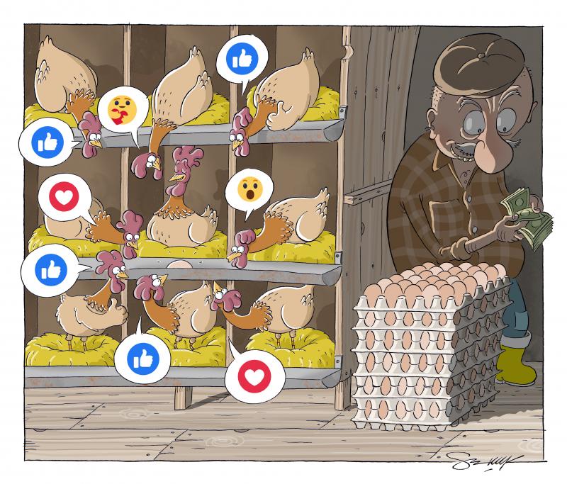 Cartoon showing a chicken coop. The chickens are all giving each other likes, hearts and emojis (shown with little speech bubbles), while to the side a farmer is counting his profits while standing next to a stack of cartoons filled with eggs.