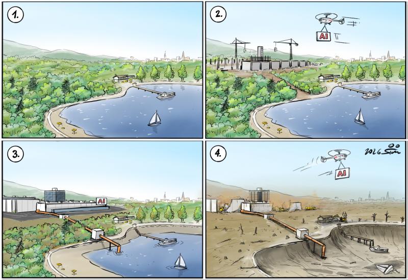 A picturesque Landscape before and after building of an AI data center.