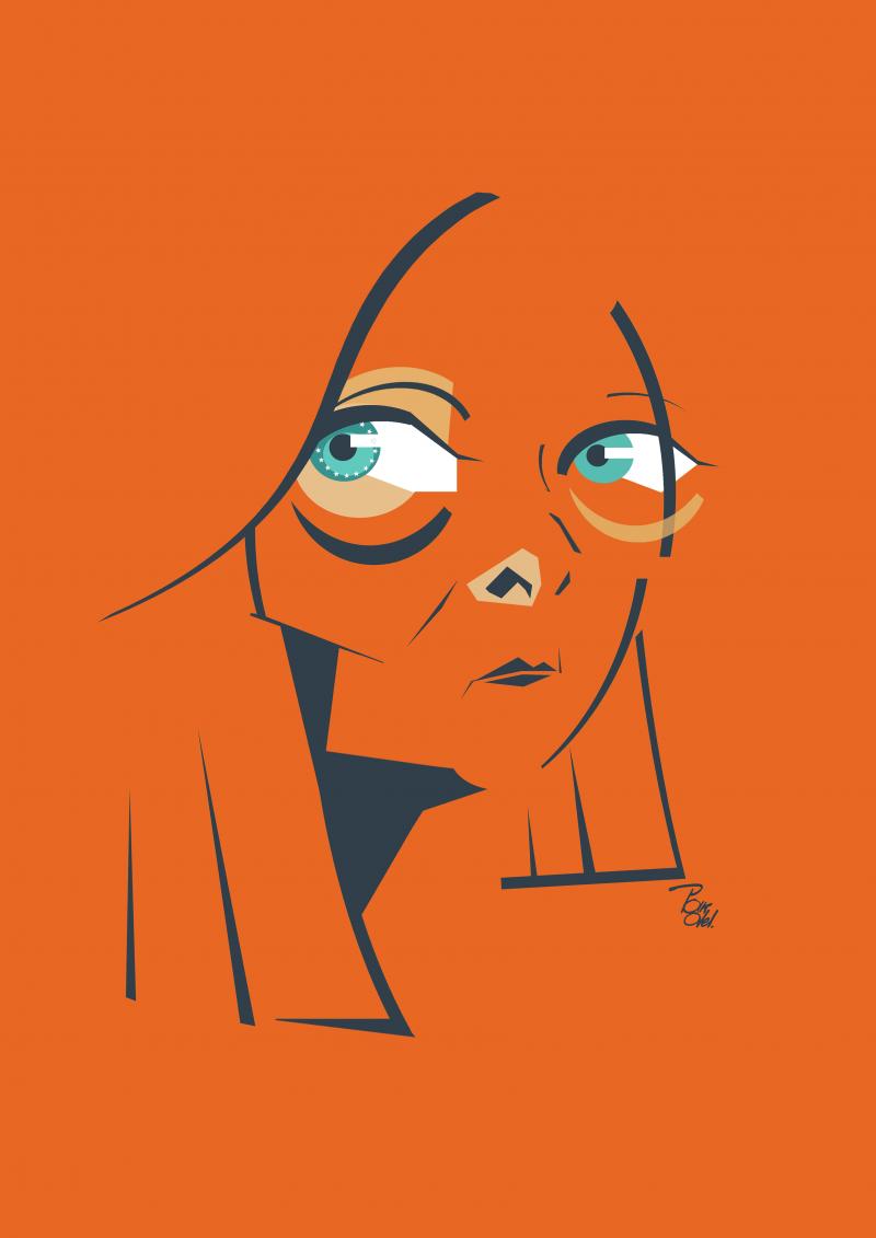 ​A conceptual editorial caricature of Giorgia Meloni, featuring stylized facial proportions and expressive line art against a solid orange background.