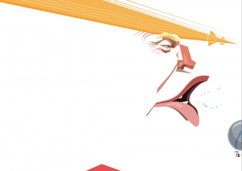Conceptual profile caricature of Donald Trump where his hair transforms into a launching missile, featuring minimalist geometric shapes and sharp editorial lines