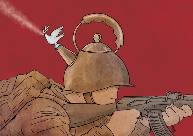 ​A conceptual cartoon of a soldier with a kettle-shaped helmet and a white peace dove serving as a resilient whistle, releasing steam against a red background.
