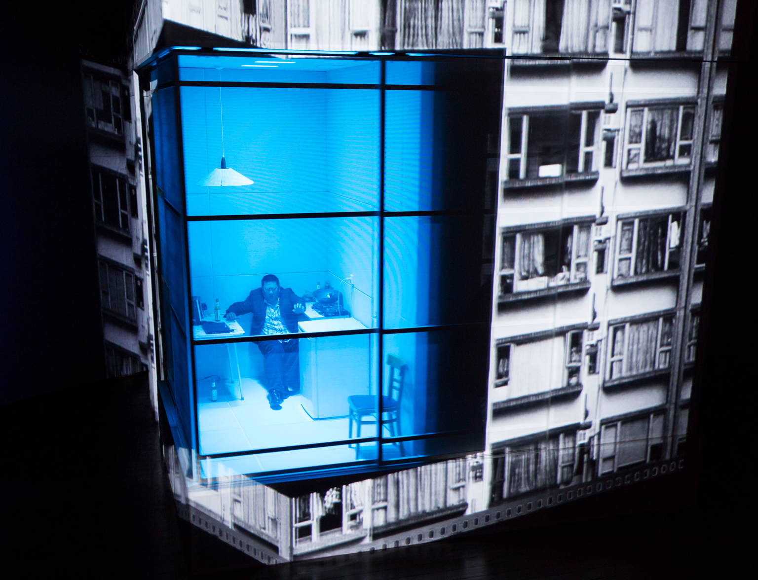 Es Devlin's set design for Chimerica, produced by Headlong and the Almeida theatre. Images and video are projected on to a giant rotating cube, transporting viewers between America and China