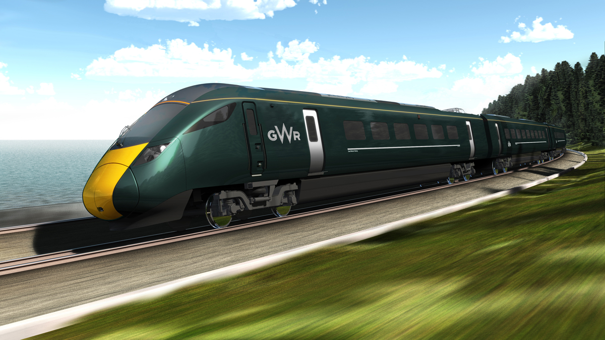Hitachi electric train, mocked up in the GWR livery, part of the Intercity Express Programme (IEP)