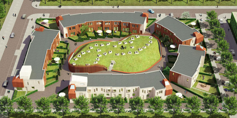 Veld van Klanken is a development of 38 single-family homes for musicians. Each has its own music room. In the courtyard, a grassed mound covers 30 sound-proof music rooms