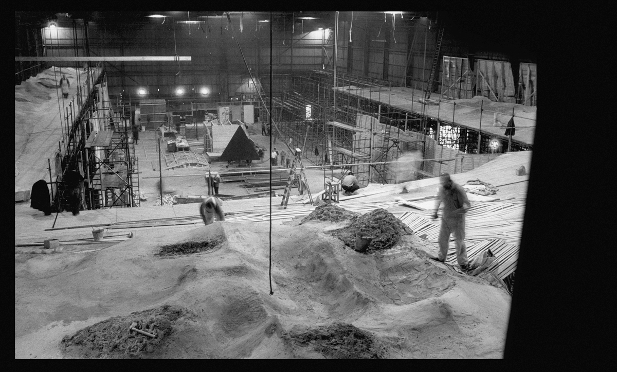 Full-sized lunar trench set being constructed, when the monolith was still a 'pyramid' shape