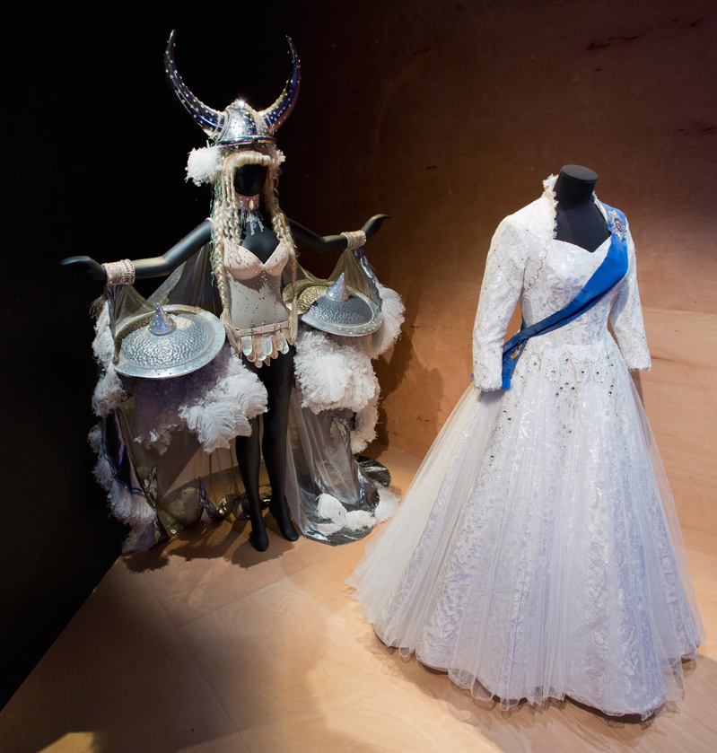 Costumes for Queen Elizabeth II in The Audience (2013) as worn by Helen Mirren; and a showgirl dressed as Valkyrie in The Producers (2004)