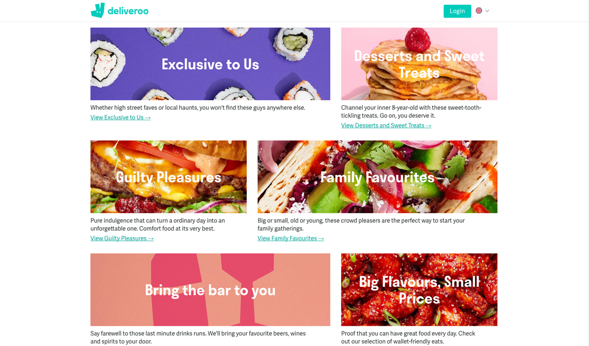 Deliveroo's website features bold colours and up-close images of food