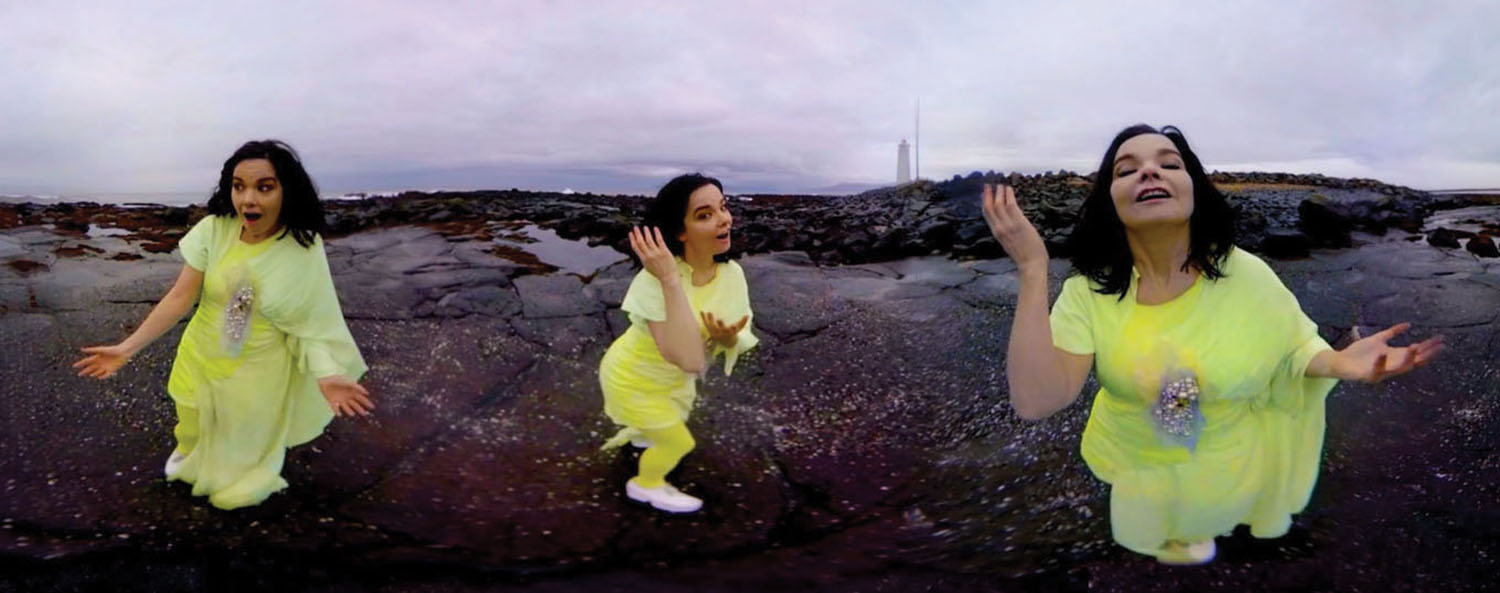 Björk’s show as it appeared at Vivid Sydney earlier this year. Photo: Santiago Felipe; VR version of Andrew Thomas Huang’s Stonemilker video.