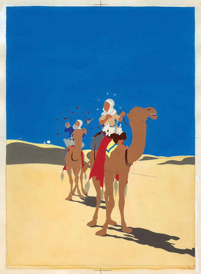 Blue colouring for the book cover illustration of Les Aventures de Tintin – Le crabe aux pinces d’or, 1942 (watercolour and gouache applied on printed proof)