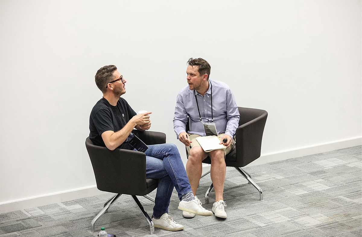An animated Derek Yates (Winchester School of Art, University of Southampton, on right) in conversation with Mat Heinl of Moving Brands, about open ended, prototype driven, collaborative enquiry. And failure! Photo: Alex Lloyd Jenkins
