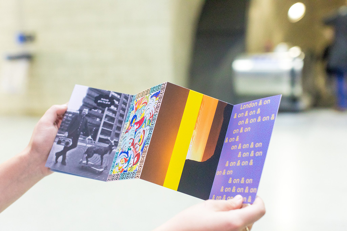 #LondonIsOpen postcard set. From left to right: Bedwyr Williams, Nobody gets my goat, 2016; Sol Calero, Londres abierto, 2016; Alexandre da Cunha, West Series Flags (Yellow), 2016; Jeremy Deller, London & on & on, 2016. Photo: Benedict Johnson