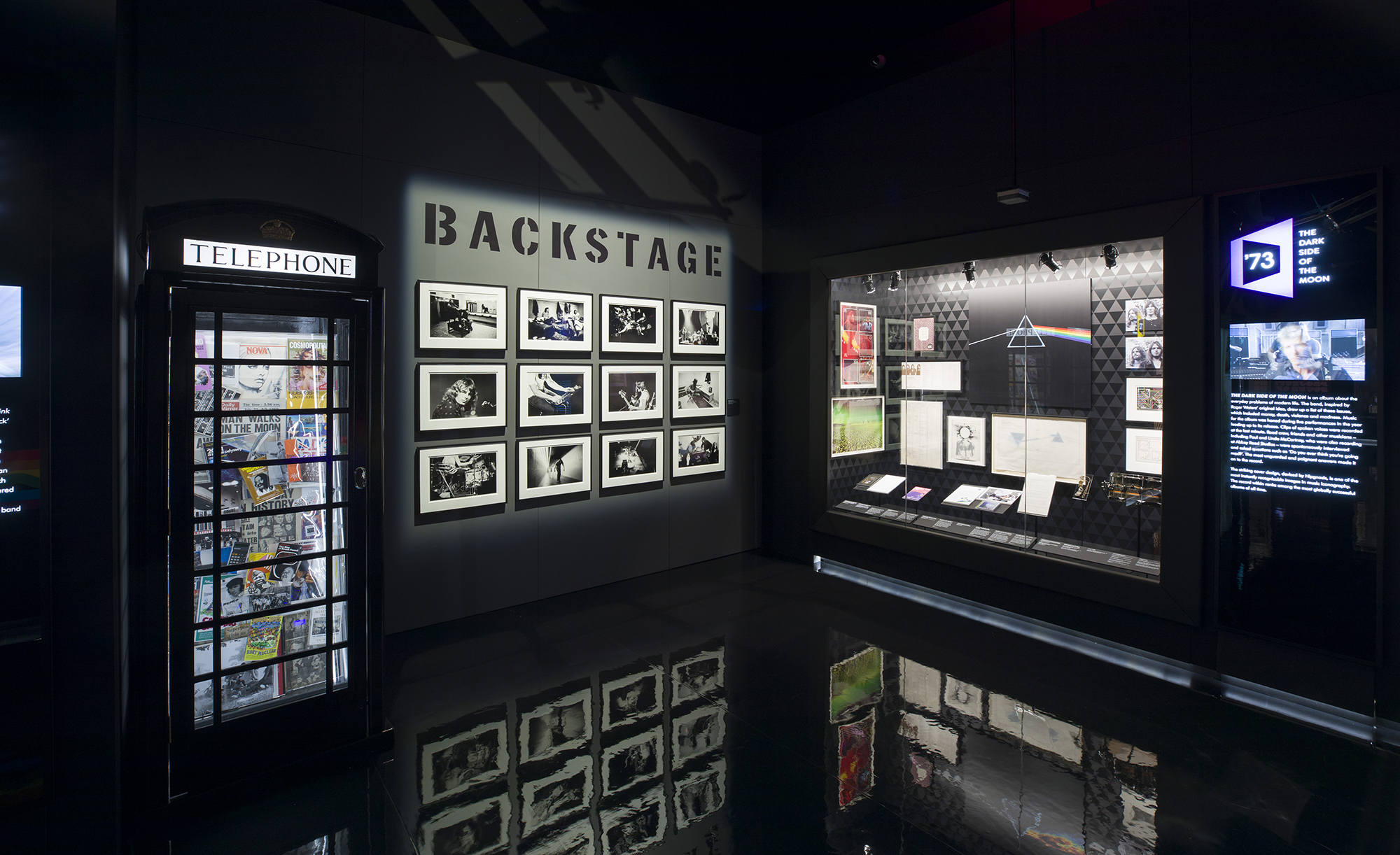 A section exploring the band's rise to fame ends with a look at the release of Dark Side of the Moon. The iconic artwork has also been used to create a holographic image in a separate room. Image courtesy of the V&A