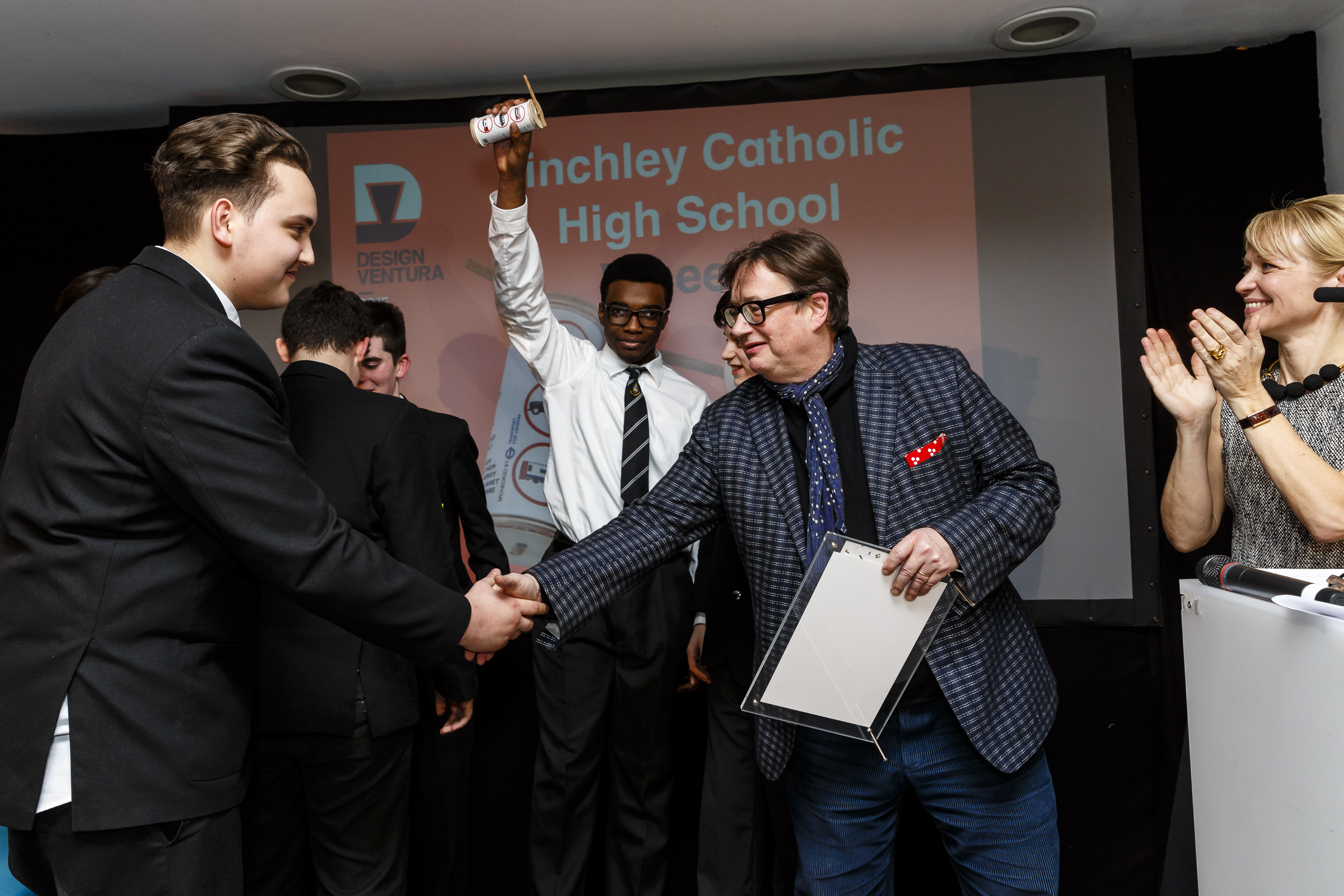 Pupils from Finchley Catholic High School celebrate their Design Ventura win with Sebastian Conran