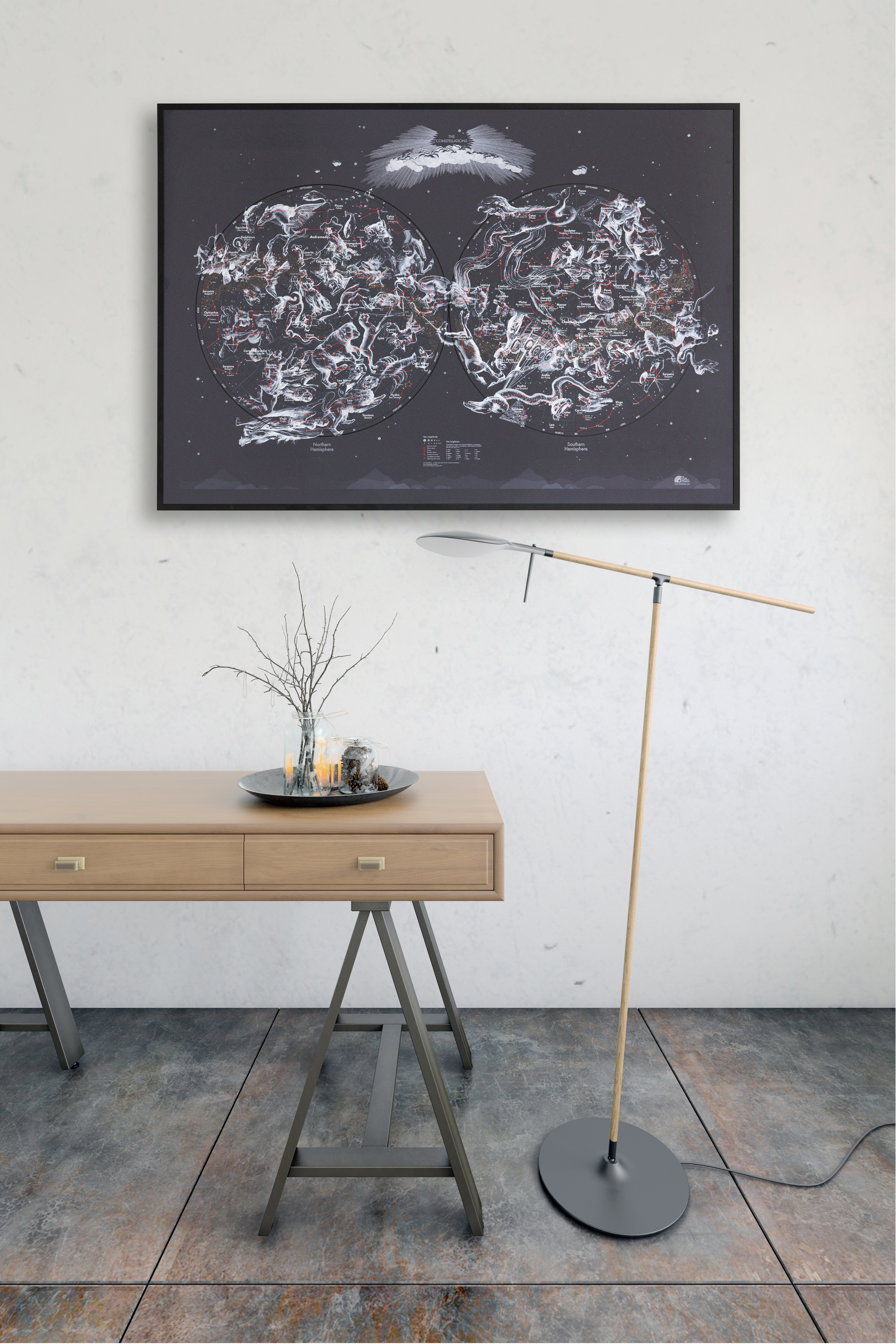 Interior scene, wooden table with drawers in front of a roustic wall, rough plaster texture, vintage table legs, with vintage style lamp and a vase. It is a closeup. Diffuse light lightning over the whole space. There is no people, dominant color is white, gray and wood brown. There is copy space on the wall.Interior scene, wooden table with drawers in front of a roustic wall, rough plaster texture, vintage table legs, with vintage style lamp and a vase. It is a closeup. Diffuse light lightning over the whole space. There is no people, dominant color is white, gray and wood brown. There is copy space on the wall.