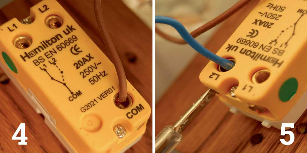 Push the wire into the common/com terminal and tighten the screw; Loosen the screw on the L1 terminal and pull out the blue wire
