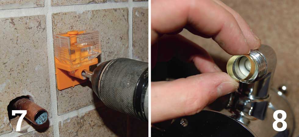 Mark off and drill the holes for the thermostatic valve; Put a collapsible olive into each inlet on the thermostatic shower valve