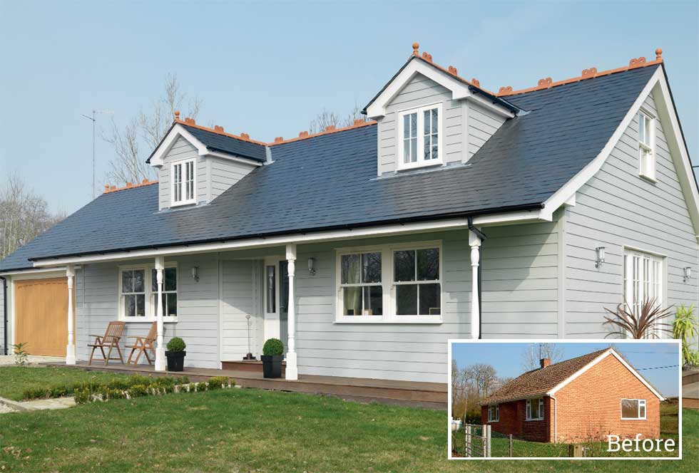 A bungalow converted into a ranch-style home
