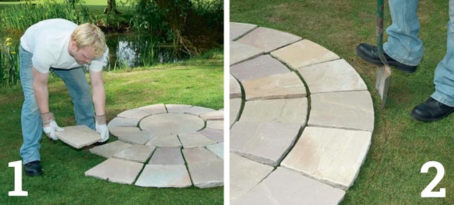 Lay the circle flags out in position, leaving a 10-15mm jointing gap between each flag; Dig a line around the circle approx 50mm bigger than the edge