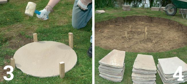Put all but the centre flag to one side and mark around it closely with pegs; Clear all vegetation, remove topsoil and level the ground at a suitable depth