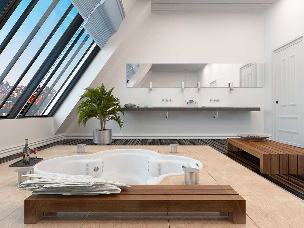 spa bathroom in a self build home with glazed roof and jacuzzi bath