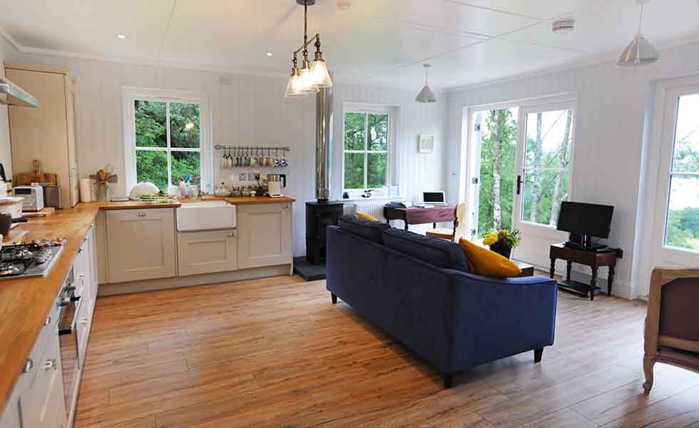 An open plan kitchen living space in this budget self build in Scotland