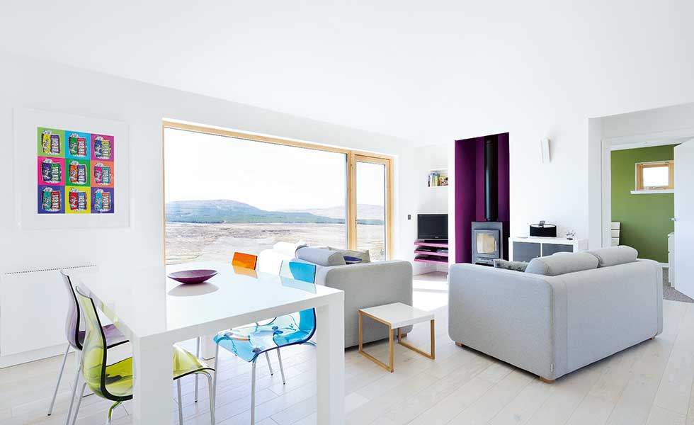 A light-filled open plan living space in a Hebridean holiday home