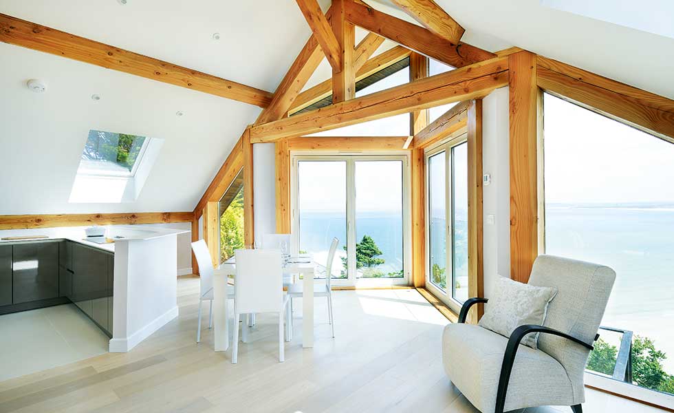 A light-filled open plan kitchen/diner with sea views in a Cornwall holiday home