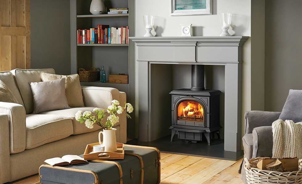 Huntingdon 30 matt black with Clear door in a Grey Pembroke Mantel