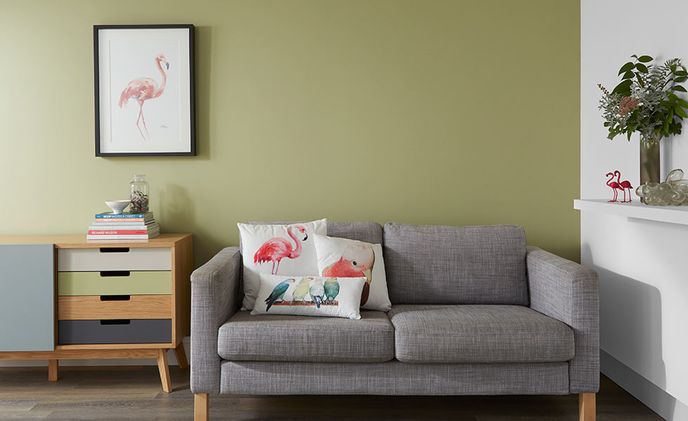 crown paint Eco Ensemble – a calming green, Alliance Matt Emulsion with Clay White Matt Emulsion